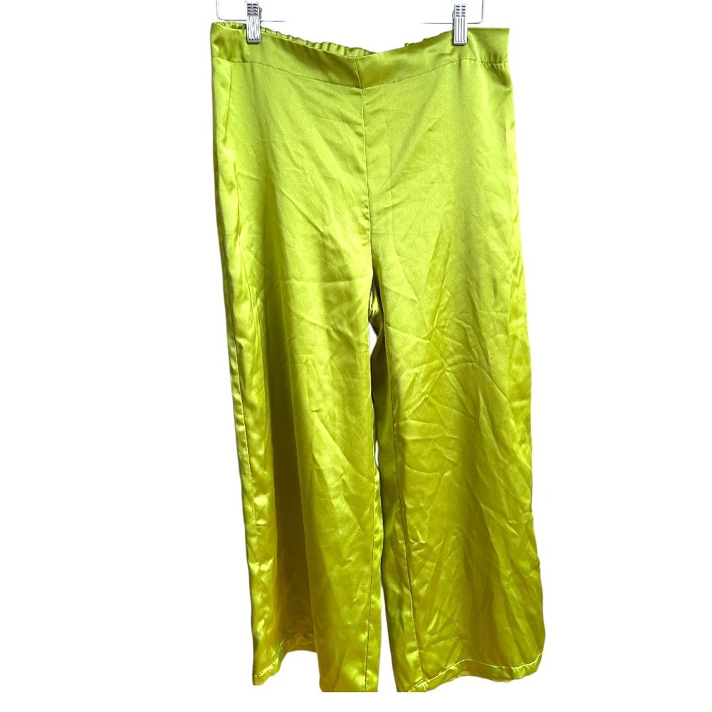Green Satin Wide Leg Elastic Waist Flat Front Pants S